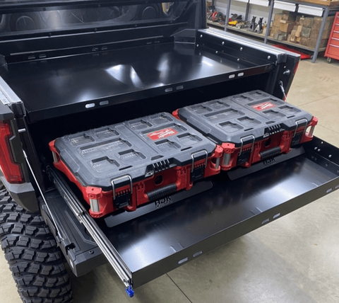Polaris Xpedition Bed Tray by AJK Offroad Left Side Angle View Mounted Lower Pictured with Bed Drawer and Loadout Kits