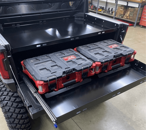 Polaris Xpedition Bed Drawer by AJK Offroad Opened with Milwaukee Kits