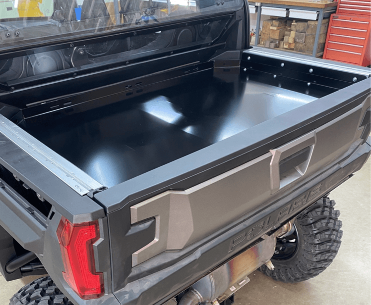 Polaris Xpedition Bed Tray by AJK Offroad Left Angle View Mounted Lower with Tailgate Closed