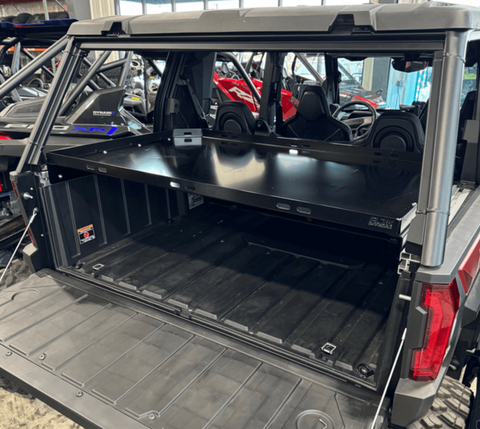 Polaris Xpedition Bed Tray by AJK Offroad   with Tailgate Opened Right Angle View