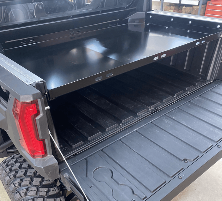 Polaris Xpedition Bed Tray by AJK Offroad   Left Side Angle View Mounted Lower with Tailgate Door Opened