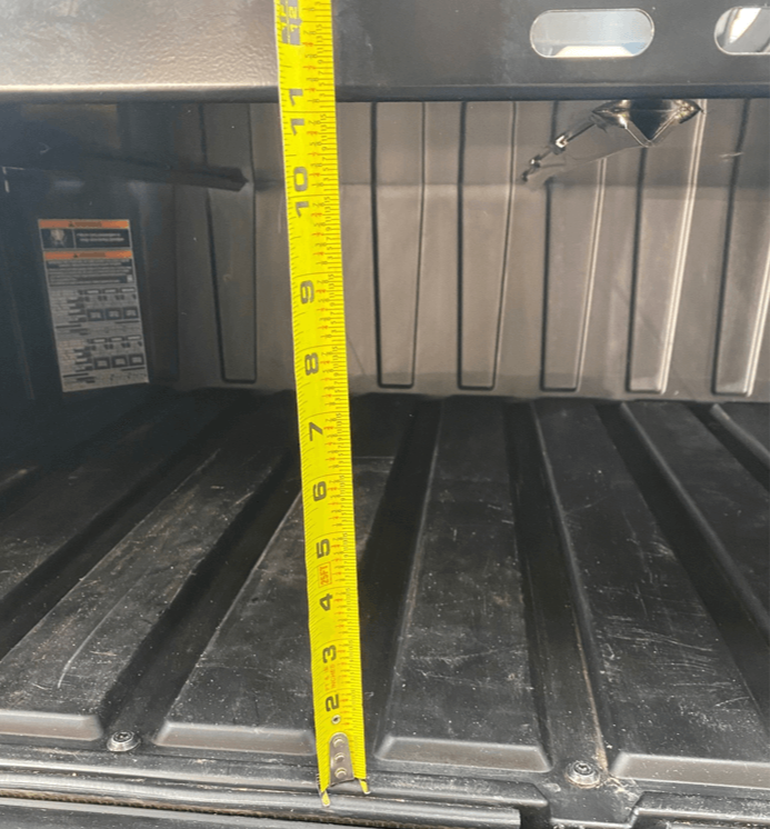Polaris Xpedition Bed Tray by AJK Offroad   Back Close Up with Measuring Tape to Show 11 Inches of Height